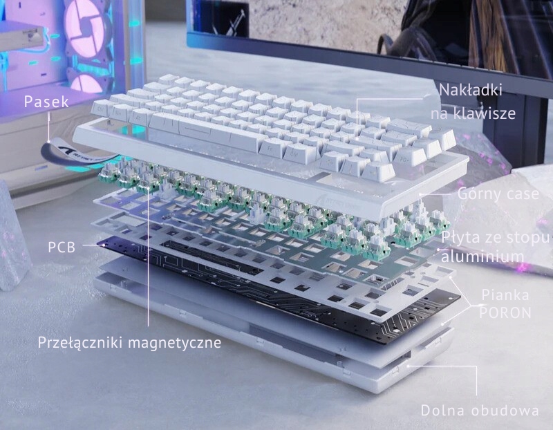 Podświetlenie RGB 16 mln kolorów z diodami South-facing w czarnej klawiaturze X68 HE.